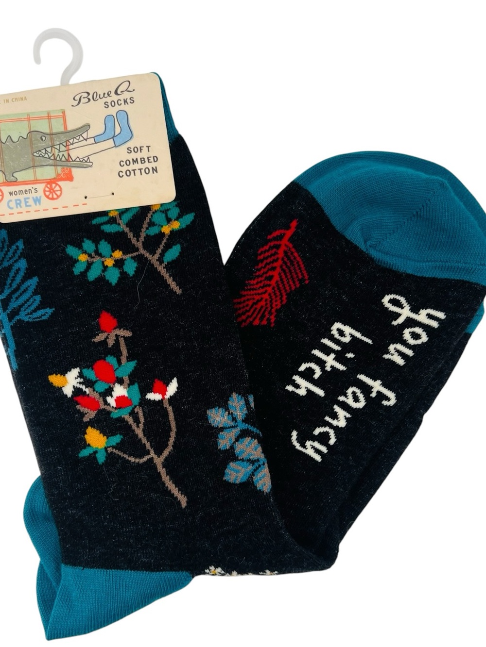 Blue Q Women's Crew Socks - Black Floral with Teal Accents